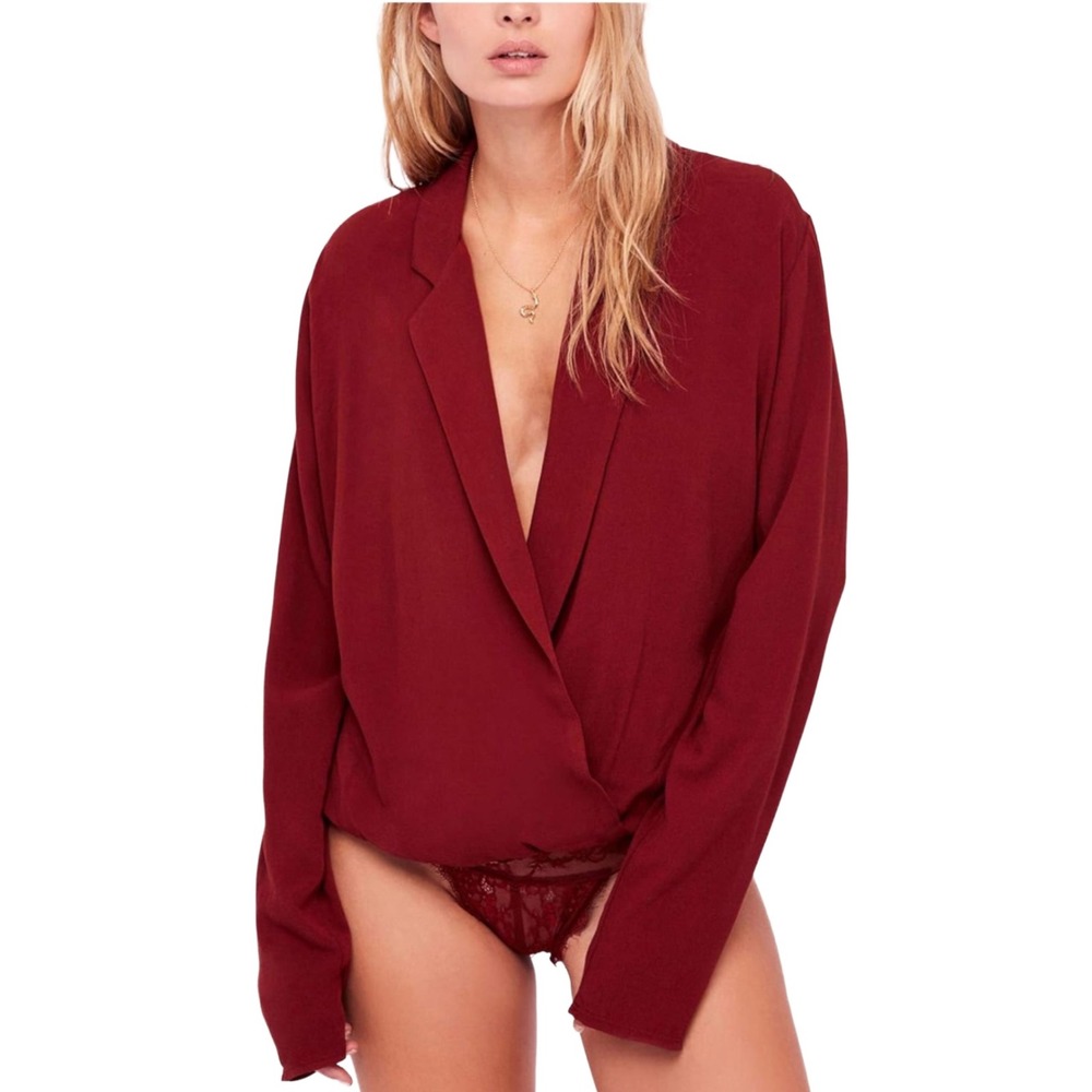 Free People Intimately Drape Collar Lace Bottom Bodysuit Merlot Women's Size S